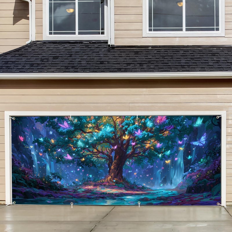 THISFIND Fantasy Forest Garage Door Banner – Colorful Tree & Butterfly Night Scene Mural for Outdoor Holiday or Year-Round Decor - Image 1